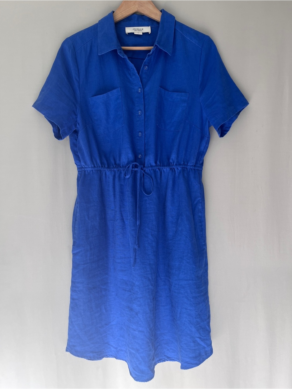Jacqui E 100% Linen Shirt Dress | Cobalt Blue Drawstring Midi | Size 12